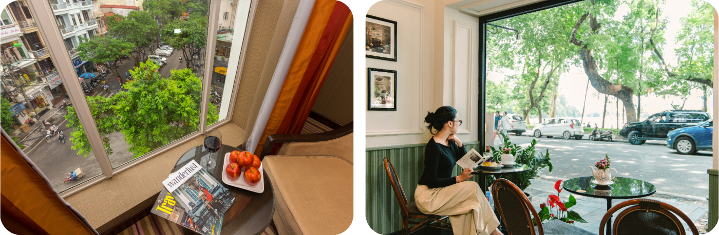 Silk Path Hotel Hanoi (left) - 4 star hotel in Hanoi Old Quarter & S'Patisserie (right) - Bakery opposite Hoan Kiem Lake
